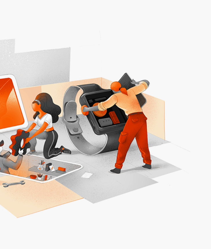 illustrative Darstellung von Menschen die an digitalen Geräten arbeiten