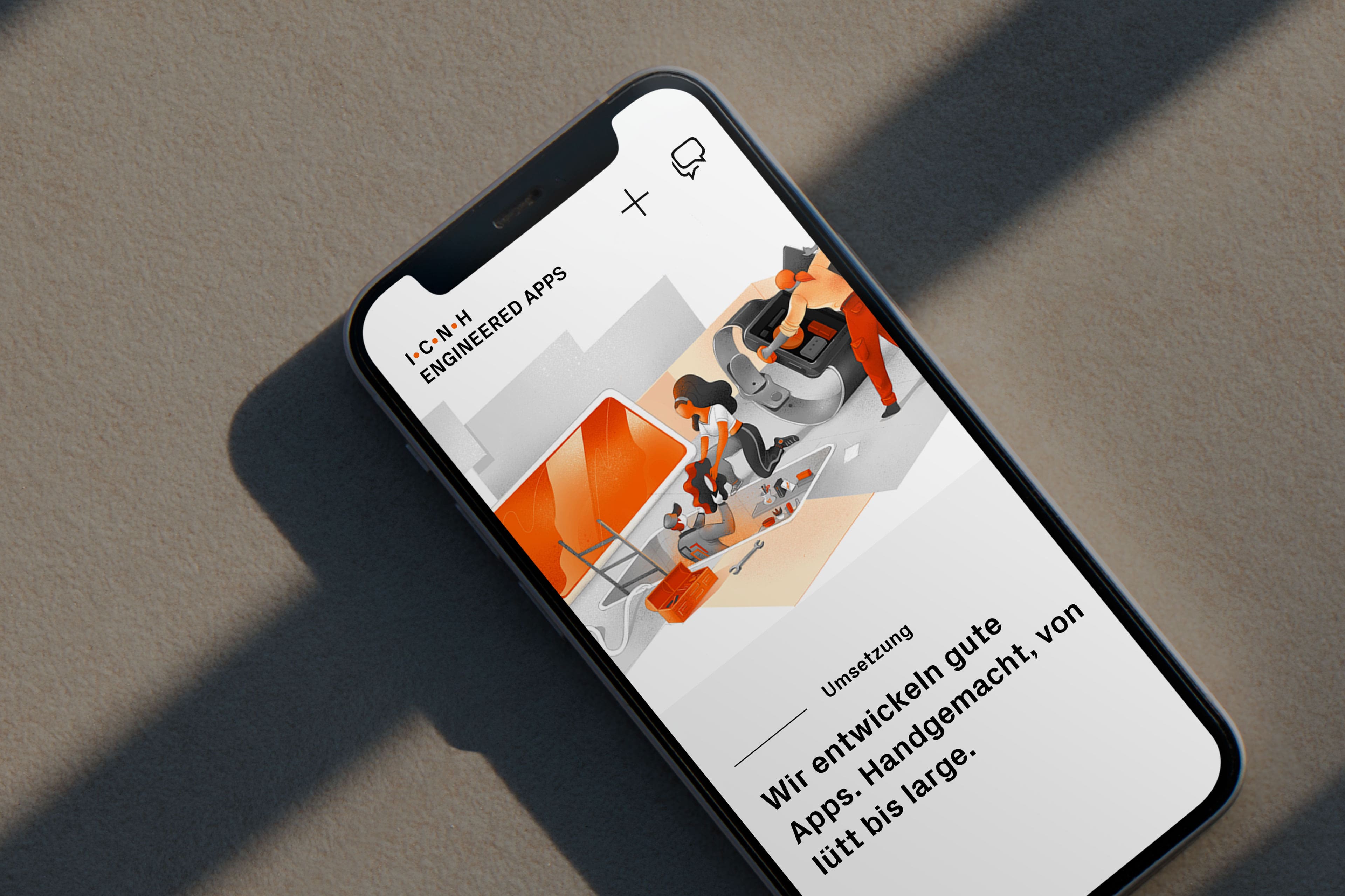 Iphone auf dem Boden. Geländer wirft Schatten auf das Handy. Bildschirm zeigt Unterseite einer Webseite.